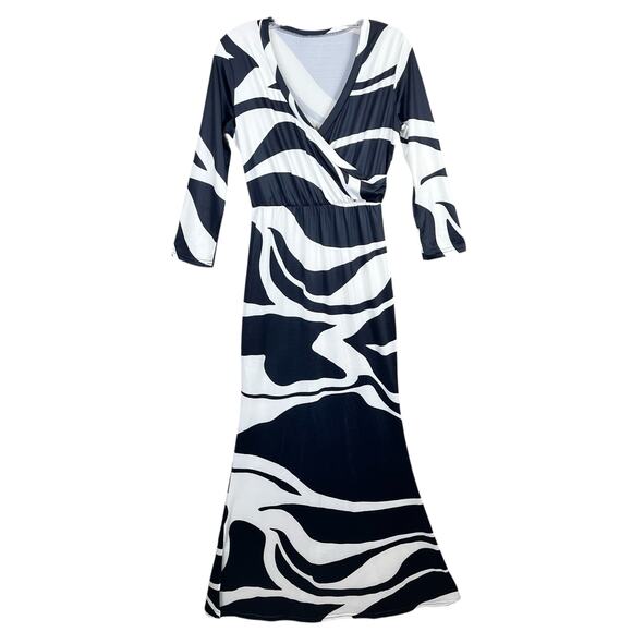 Black and White V-Neck Long Maxi Dress Elegant Style - Picture 1 of 6
